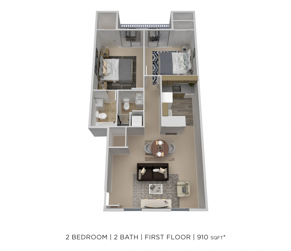 Floor plan for 2 beds, 2 baths, 910 sqft